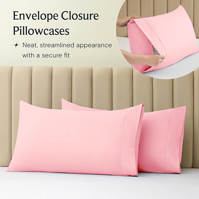 LuxClub 5 PC Split King Sheet Set, Deep Pockets Wrinkle Free Cooling Bed Sheets Hotel Bedding for Women, Men, Includes 1 Fitted Sheet, 1 Flat Sheet and 2 Pillowcases-Baby Pink