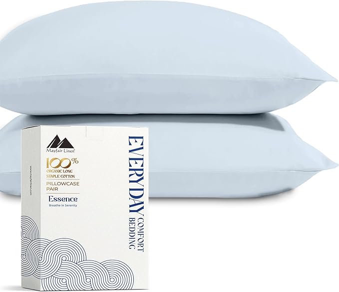 Mayfair Linen 100% Organic Cotton Percale Pillow Cases Standard/Queen Size Set of 2 - Percale Pillowcases Standard/Queen, Soft Cooling Pillow Cases for Sleeping, Cotton Pillowcovers - Light Blue