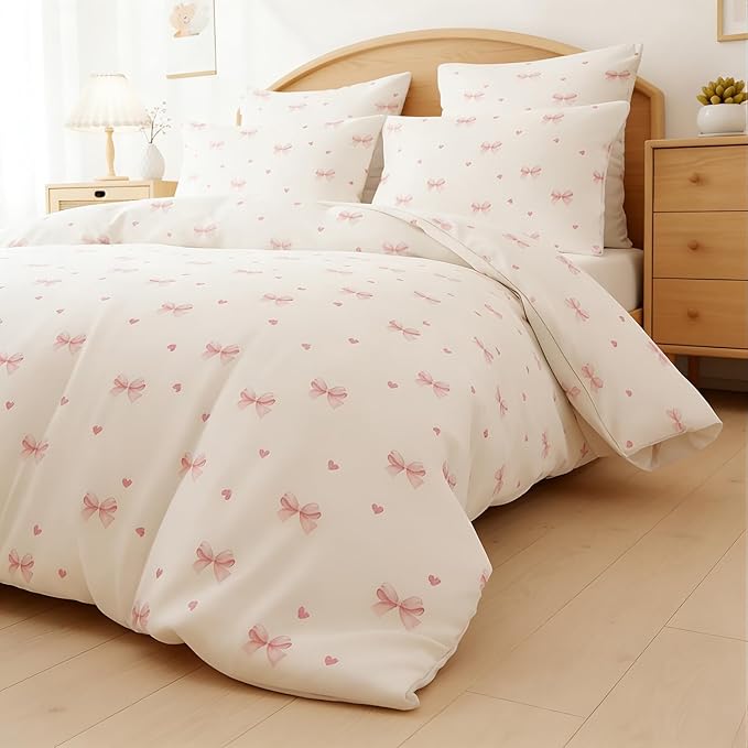 Nayoroom Pink Bow Duvet Cover Full Size Coquette Pink Heart Duvet Cover 3 Pieces Soft Lightweight Microfiber Kids Girls Cute Aesthetic Dorm Bedding Set
