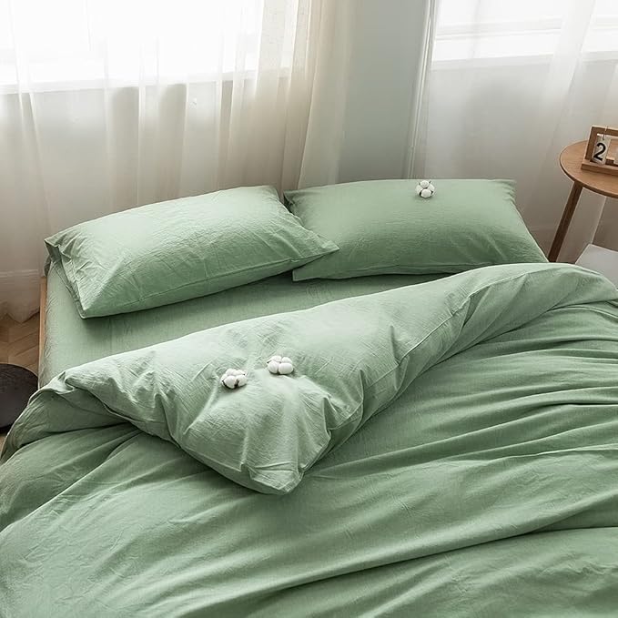 FACE TWO FACE Bedding Duvet Cover Set100% Washed Cotton Duvet Cover Linen Like Textured Breathable Durable Soft Comfy (California King, Green)