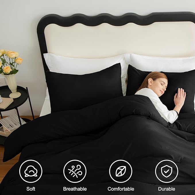 CozyLux Black Comforter Set Twin/Twin XL Size, 2 Pieces Twin Extra Long Solid Breathable Quilted Bedding Sets, Luxury Fluffy Soft Bed Set with Down Alternative Comforter and 1 Pillowcase All Season