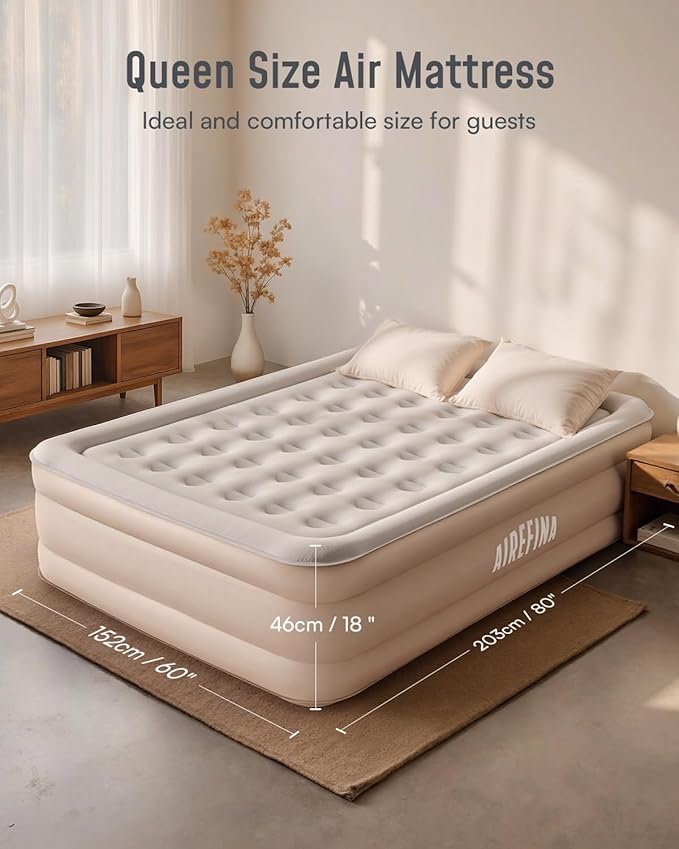 Airefina Air Mattress Queen with Built-in Pump, 18" Raised Inflatable Blow Up Mattress with Luxury Carry Bag, Upgraded Stable Honeycomb Coil Support, Air Bed for Home, Guest, Colchones Inflables