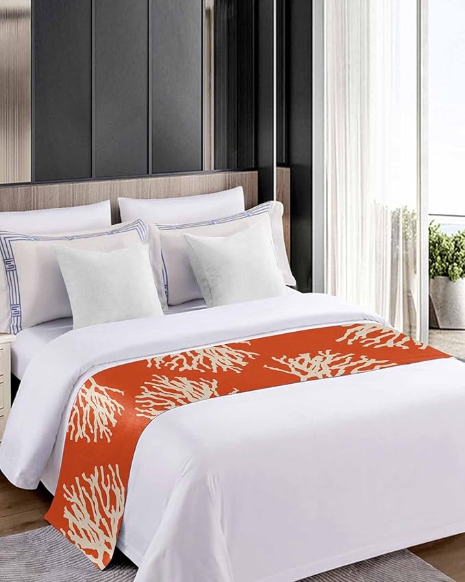 Coral Orange Bed Runner Scarf for Full Size Bed Foot,Decorative Bedding Accessory Stainproof & Dustproof Soft Protector For Bedroom Wedding Room Coastal White Ocean Marine Nautical Beach 83"x20"