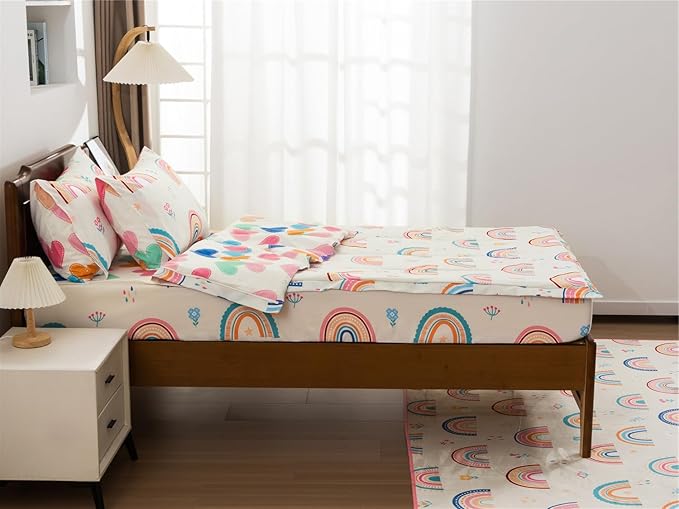 NTBED Rainbow Printed Zipper Bedding Sets Twin Lightweight Microfiber Heart Comforter Set with Fitted Sheet Pillow Covers,Beige