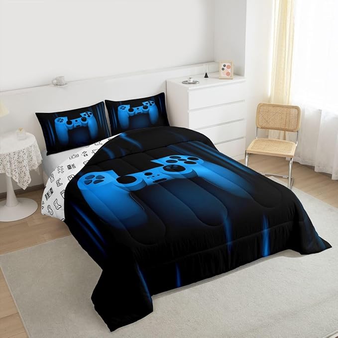 Feelyou Boys Gamer Comforter Set Toddler Size Bedding Set for Kids Gaming Comforter Blue Black Video Games Gamepad Room Decor for Teens Child Super Soft Geometric Duvet Quilted Son Grandson Gift