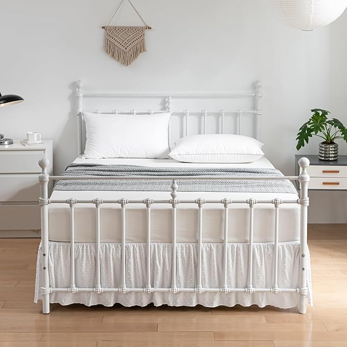 Tufted Dot Bed Skirt King Size Ruffled Bed Skirt with Split Corners, 14 Inch Drop Dust Ruffle Bed Skirts with Platform, White
