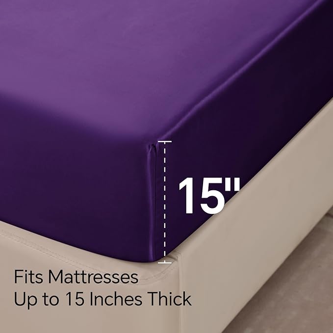 BEDELITE King Size Sheets Set, Luxury Soft Plum Purple Satin Sheets for Hair and Skin, Similar to Silk Bed Sheets Set 4 Pieces with 1 Deep Pocket Fitted Sheet, 1 Flat Sheet, and 2 Pillowcases