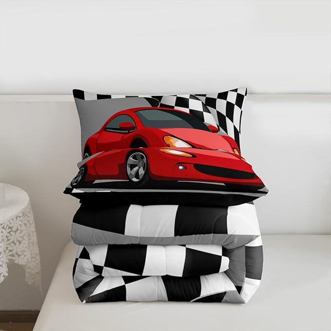 Feelyou Sports Car Bedding Set Red Racing Car Comforter for Kids Boys Girls Teens Extreme Sports Theme Comforter Set Race Sports Car Duvet Set Black and White Grid Room Decor Quilt Set Queen Size