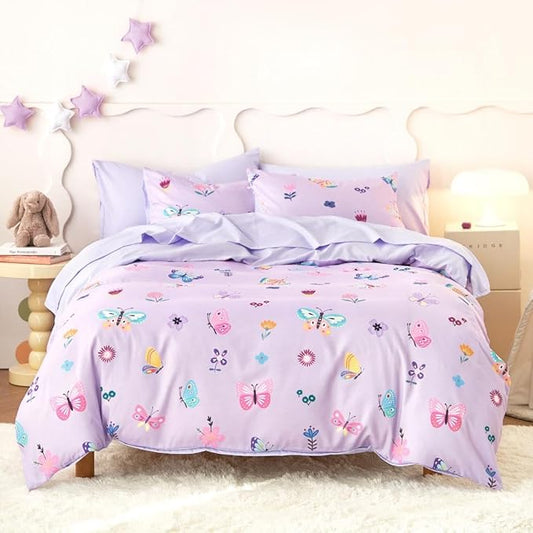 Wake In Cloud - Butterfly Bedding Set for Girls, Cute Colorful Butterfly Flowers Floral Comforter Set with Sheets, 5 Pieces Kids Bed in a Bag, Purple, Twin Size