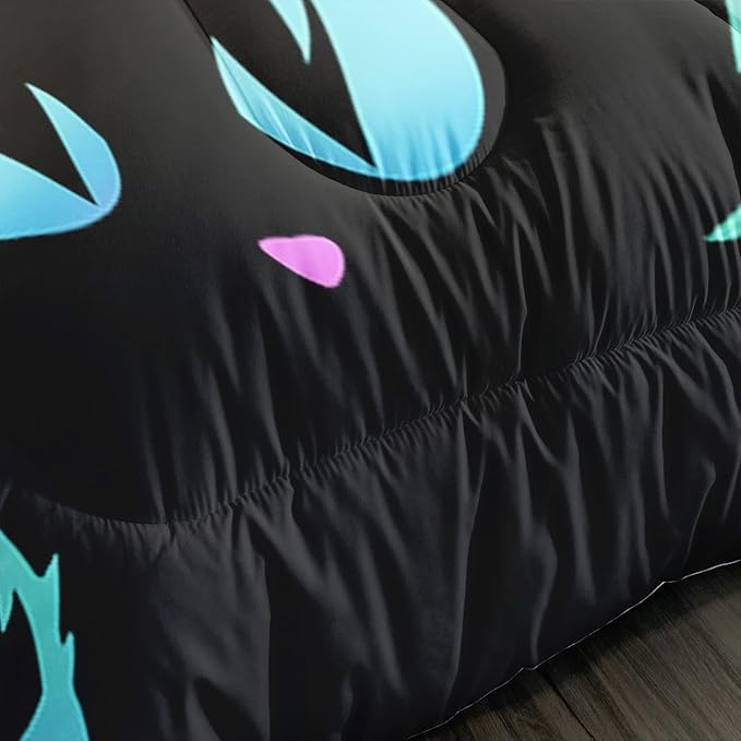 Axolotl Kids Bedding Cartoon Cat Comforter Set Queen Size,Gradient Line Cute Cat Bedding Set for Teens Kids Boys Girls Adults Room Decor,Kids Comforter Set All Season,1 Comforter 2 Pillow Cases,Black