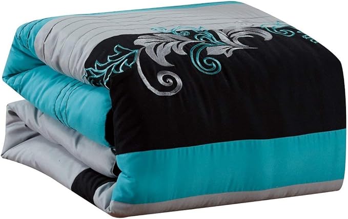 Chezmoi Collection Napa 7-Piece Luxury Leaves Scroll Embroidery Bedding Comforter Set (California King, Teal Blue/Gray/Black)