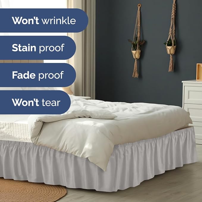 Wrap Around Dust Ruffle Bed Skirt - French Grey - for Full Size Beds w/ 15 Inch Drop - Easy Fit Elastic Strap - Adjustable Pleated Bedskirt w/Brushed Fabric - Wrinkle Free, Women, Men, Kids & Teens