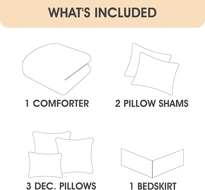 7 Piece Comforter Set, Taupe White, California King, Boho Style Geometric Microfiber Embroidery, Bed in a Bag with Bedskirt, Pillow Shams and Decor Pillows