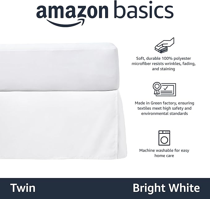 Amazon Basics Lightweight Pleated Bed Skirt, Twin, Bright White, Solid (Pack of 8)