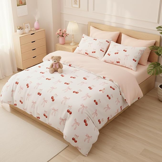 Nayoroom Pink Bow Duvet Cover Queen Size Reversible Red Cherry Duvet Cover 3 Pieces Soft Lightweight Microfiber Kids Girls Cute Aesthetic Dorm Bedding Set