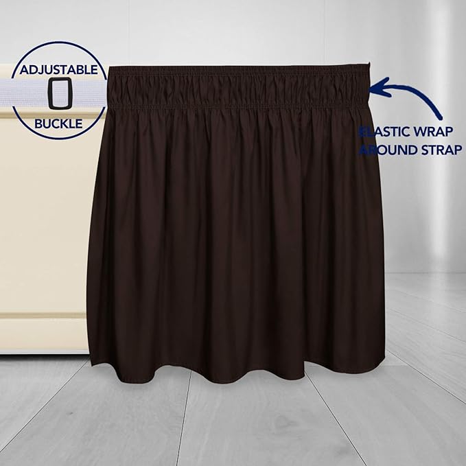 PureFit Wrap Around Ruffled Bed Skirt with Adjustable Elastic Belt - 18 Inch Drop Easy to Put On, Wrinkle Free Bedskirt Dust Ruffles, Bed Frame Cover for Queen, King and C-King Size Beds, Chocolate