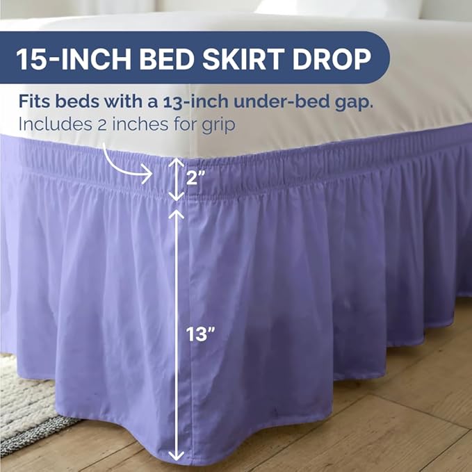 Wrap Around Dust Ruffle Bed Skirt - Lavender - for King Size Beds with 15 Inch Drop - Easy Fit Elastic Strap - Adjustable Pleated Bedskirt w/Brushed Fabric Wrinkle Free - for Women, Men, Kids & Teens