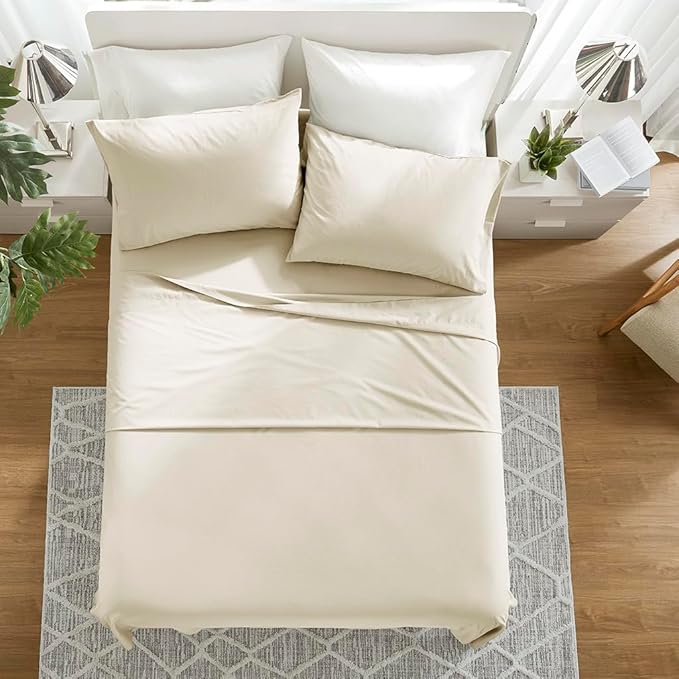 Comfort Spaces 100% Cotton Sheets Full, Breathable & Ultra Soft Cotton Sheets, Naturally Cool Cotton Bed Sheets with 14" Elastic Pocket Fits up to 16" Mattress, All Seasons Sheet Set, Cream 4 Piece