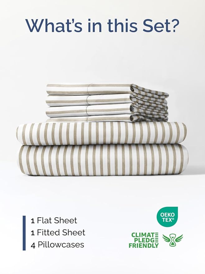 Extra Deep Cal King Sheet Set - 6 Piece Breathable and Cooling Sheets - Hotel Luxury Bedding for Women, Men, Kids & Teens - Easy Secure Fit - Soft & Wrinkle Free - Extra Deep Pockets - Beige Stripes