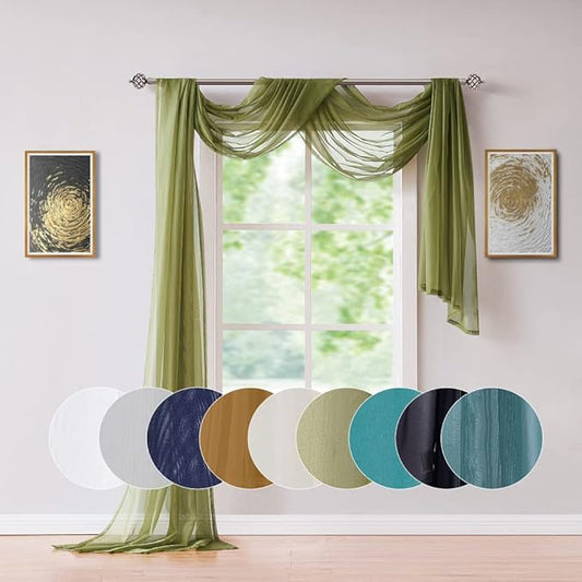 Long Length 56" (W) x 216" (L) Sage Green Sheer Window Scarf. Voile Window Treatments are Perfect As Valance Scarves, Canopy Bed Scarf Or Wedding Decoration. AMA 56" x 216" Sage