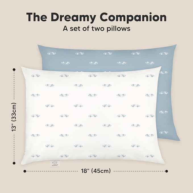 KeaBabies 2-Pack Toddler Pillows 2 Year Old to 5-13x18 Soft Organic Cotton Kids Pillow for Sleeping, Travel, School, Daycare, Nap, Toddler Bed, Machine Washable, Without Pillowcase (Roadsters)
