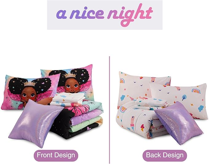 A Nice Night Black Girl Princess with Wings Comforter Set,Pink Gradient Glitter Rainbow Galaxy 6pcs Kids Bedding Set,Queen