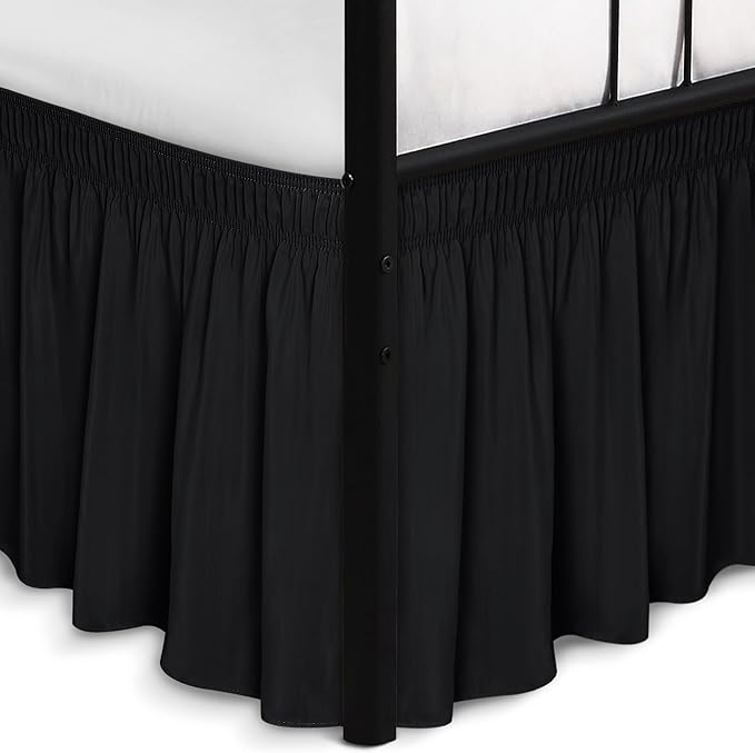 Biscaynebay Wrap Around Bed Skirts with Split Corners for Full Beds 16" Drop, Black Elastic Dust Ruffles Adjustable Easy Fit Wrinkle & Fade Resistant Silky Luxurious Fabric Machine Washable