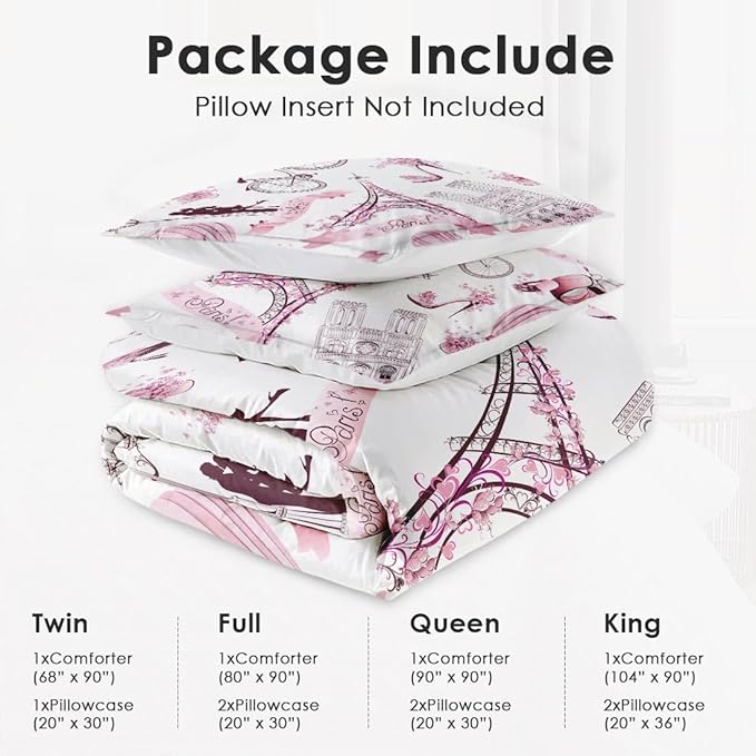Queen Size Comforter Set with 2 Pillowcases, Vintage Paris Eiffel Tower Love Soft 3 Pcs Bedding for Kids and Adults Bedroom Bed Decor