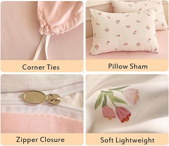 Nayoroom Pink Floral Duvet Cover Full Size Coquette Tulip Printed on White Reversible Comforter Cover 3Pcs Kids Girls Cottagecore Bedding Set with Zipper Closure Soft Breathable Microfiber