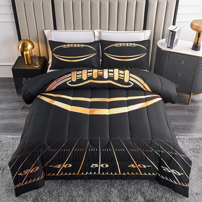 Kids Football Bedding Set - Full Comforter with Pillowcases, Black and Gold, 100% Microfiber, 3 Piece Set, Boys and Girls