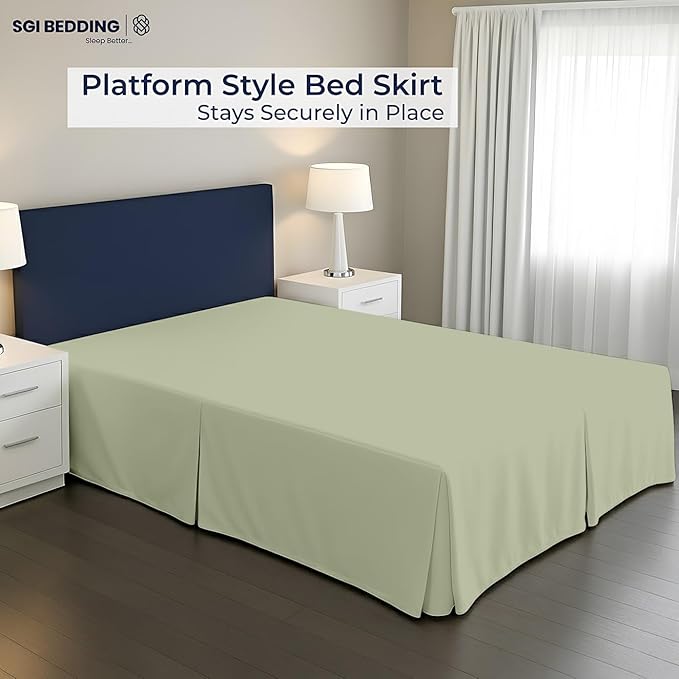 SGI bedding 16 inch Drop Bed Skirt Cal King Size Platform Style with Secure Fit, Classic Tailored Look, Elegant Pleated Style Dust Ruffle, Split Corners, Wrinkle Resistant Microfiber - Sage