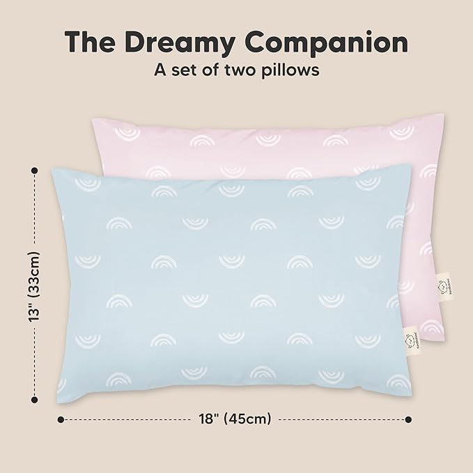 KeaBabies 2-Pack Toddler Pillows 2 Year Old to 5-13x18 Soft Organic Cotton Kids Pillow for Sleeping, Travel, School, Daycare, Nap, Toddler Bed, Machine Washable, Without Pillowcase (Pastel Rainbow)