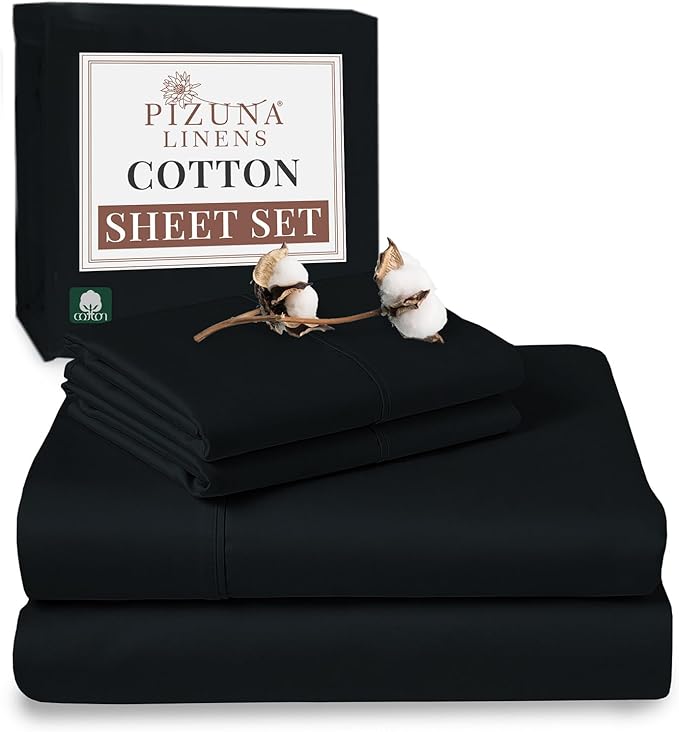 Pizuna Pure 100% Cotton Sheets King Size, Luxurious 400 Thread Count Long Staple Cotton Sateen Sheets with 15" Deep Pocket (Combed Black Sheet King)