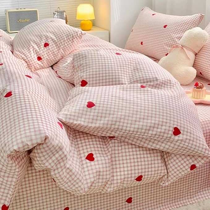 Nayoroom Gingham Duvet Cover Full Size Pink Plaid Red Heart Printed on White Bedding Set 3 Pcs Kids Girls Cute Heart-Shaped Comforter Cover with Zipper Closure Soft Breathable Microfiber