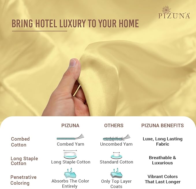Pizuna Pure 100% Cotton Bed Sheets Set King Size Mellow Yellow, Luxurious 400 Thread Count Long Staple Cotton Sateen King Sheets with 15" Deep 2 Extra Pillowcase (Combed Cotton Bed Sheet Set)