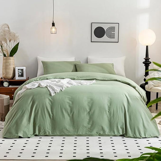 JELLYMONI Light Green Duvet Cover King Size - 100% Washed Cotton Linen Like Textured Comforter Cover, 3 Pieces Breathable Soft Bedding Set with Zipper Closure (Light Green, King 104"x90")