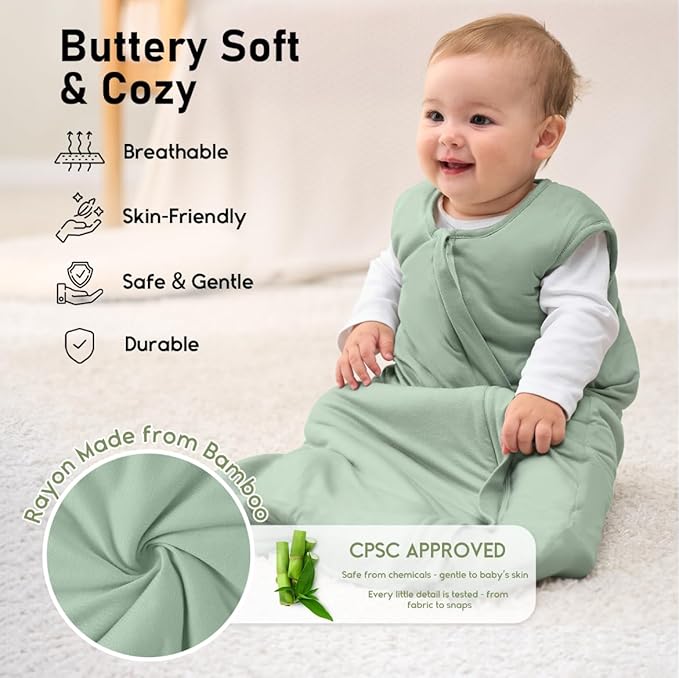 Yoofoss Rayon Made from Bamboo Baby Sleep Sack 12-18 Months 1.0 Tog Baby Wearable Blanket, Super Soft Infant Toddler Sleeping Sack 2-Way Zipper