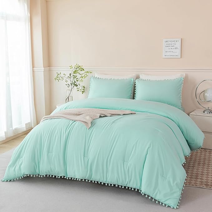 PERFEMET Mint Green Comforter Twin Size 5 Piece Bed in A Bag Set Boho Pom Pom Girls Bedding Comforter Set Soft Fluffy Kids Solid Bed Set with Sheet(Mint Green, Twin)