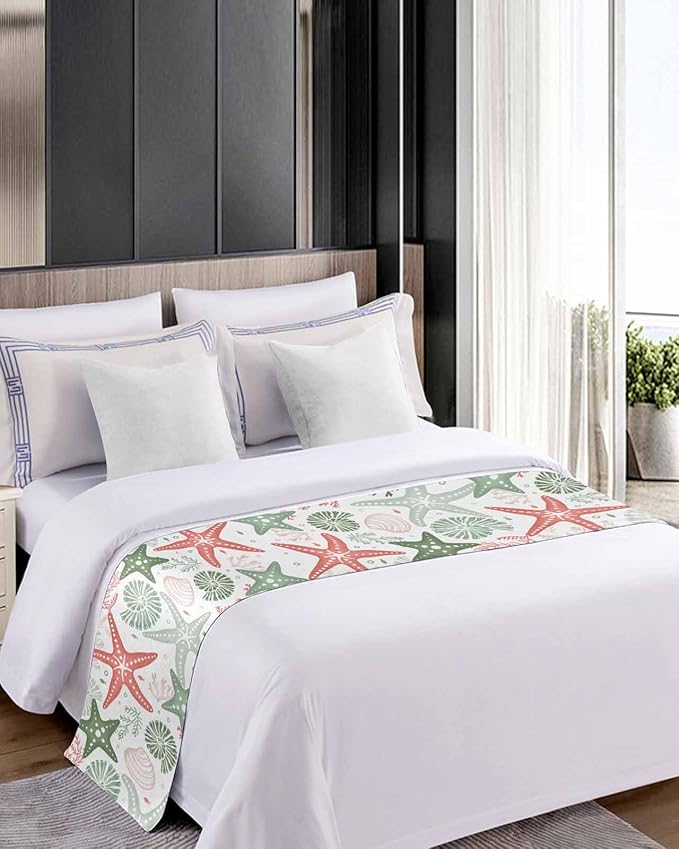 Green Orange Coral Bed Runner for King Size Bed, Bedspread Protector Slipcover Bed Scarf for Foot Bed Runners & Scarves for Bedroom Hotel 102x20 Spring Summer Coastal Starfish Beach Nautical Conch