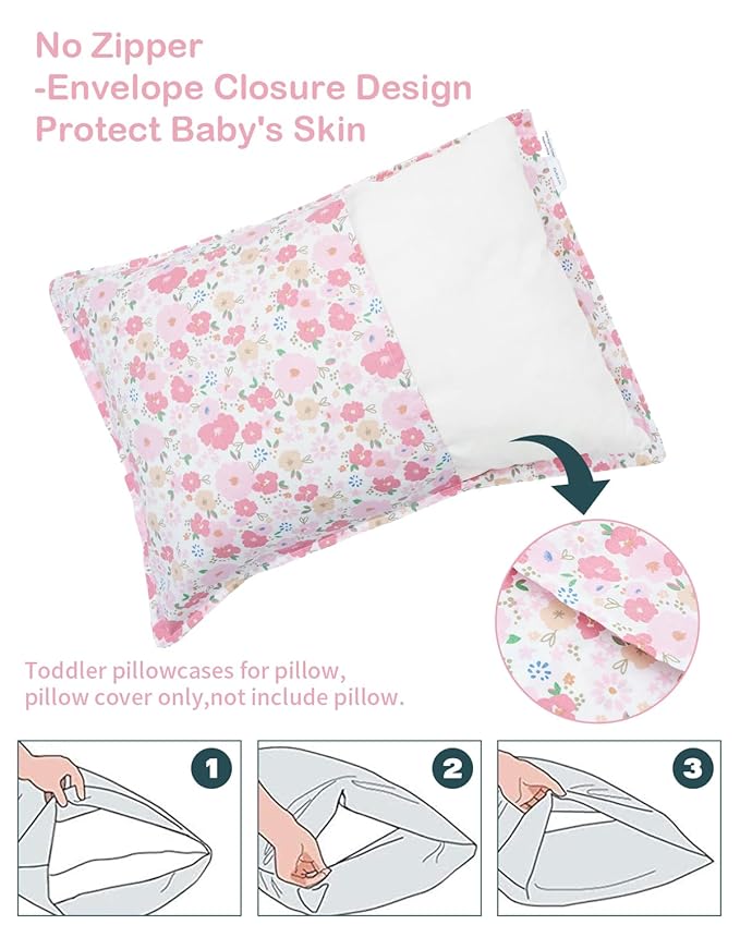 ALVABABY Toddler Pillowcases 2 Pack Organic Cotton Kids Pillow Cover Fit 13"x 18" or 14"x19" Envelope for Girl Sleepy Travel Pink Flower 2TPW38A