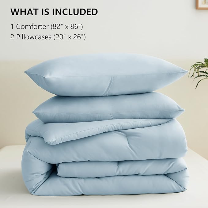 CozyLux Full Size Comforter Set Light Blue, 3 Pieces Solid Breathable Quilted Style Bedding Sets, Luxury Soft Bed Set with Down Alternative Comforter for All Season (1 Comforter & 2 Pillowcases)