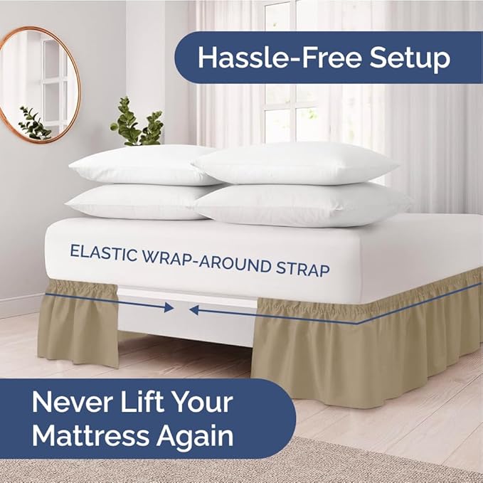 Wrap Around Dust Ruffle Bed Skirt - Beige - for Queen Size Beds with 12 Inch Drop - Easy Fit Elastic Strap - Adjustable Pleated Bedskirt w/Brushed Fabric - Wrinkle Free - for Women, Men, Kids & Teens
