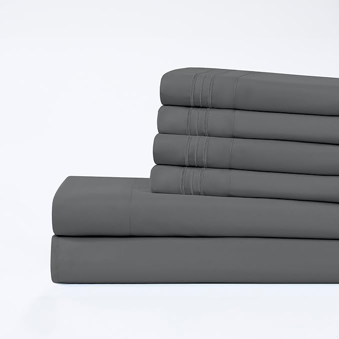Modern Threads 6-Piece Bed Sheet Set - Deep Pocket, Soft Brushed Microfiber Sheets, Cool & Breathable for Mattress Up to 21 Inches, Includes 4 Pillowcases, Flat & Fitted Sheets, Gray Queen