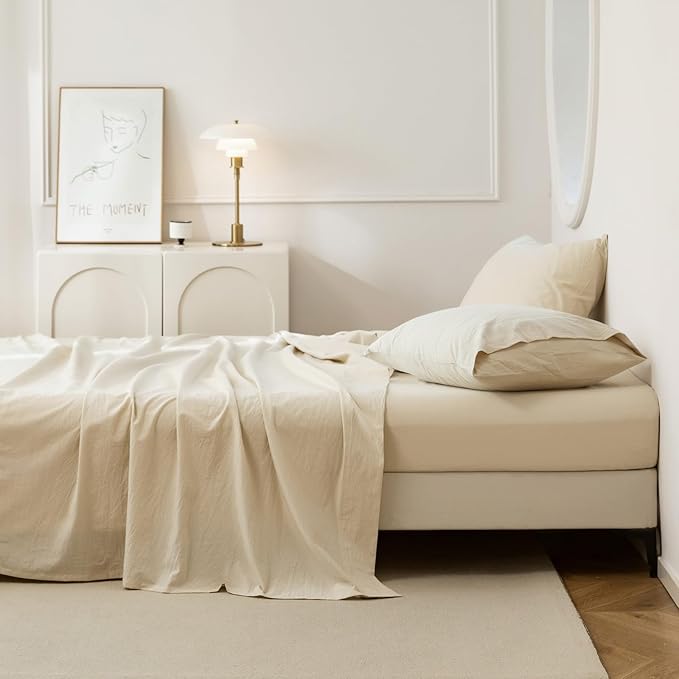 JIYUAN 100% Washed Cotton Sheet Set 4 Pieces Full,1 Fitted Sheet,1 Flat Sheet and 2 Pillowcases,Comfy and Breathable Linen Like Bedding Set,Heathered Beige