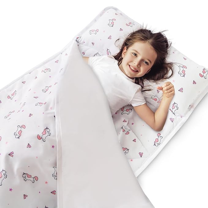 Toddler Nap Mat with Blanket 50" x 21" x 1.5", Nap Mat for Boys Girls Super Soft and Cozy, Kids Sleeping Bag for Preschool, Daycare, Toddler Sleeping Bag, White Horse
