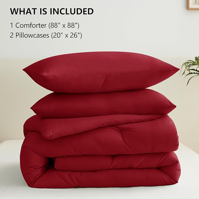 CozyLux Queen Comforter Set Dark Red, 3 Pieces Solid Queen Comforter Breathable Quilted Style Bedding Sets, Luxury Soft Bed Set with Down Alternative Comforter All Season (1 Comforter & 2 Pillowcases)