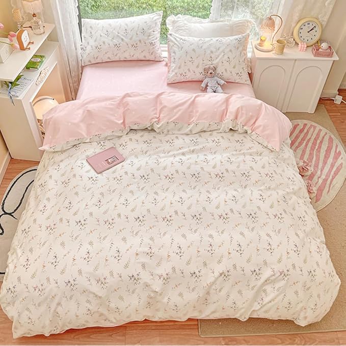 Nayoroom Floral Duvet Cover Full Size Girls Pink White Botanical Flower Coquette Bedding Set 3 Pieces Soft Breathable Garden Cottagecore Aesthetic Comforter Cover with Pillow Shams