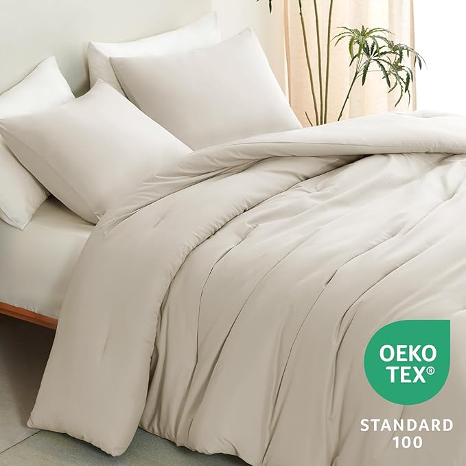 CozyLux Oatmeal Queen Comforter Set, 3 Pieces Solid Breathable Quilted Style Bedding Sets, Luxury Soft Fluffy Bed Set with Down Alternative Comforter for All Season (1 Comforter & 2 Pillowcases)