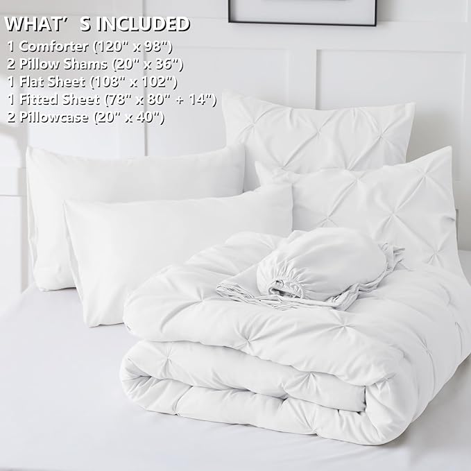 Oversized King Comforter Set White, 7 Pieces Pintuck Bed in A Bag Oversized King Size Bedding, Soft Bed Set All Season Pinch Pleat Comforter Set with Sheets, Pillowcases & Shams