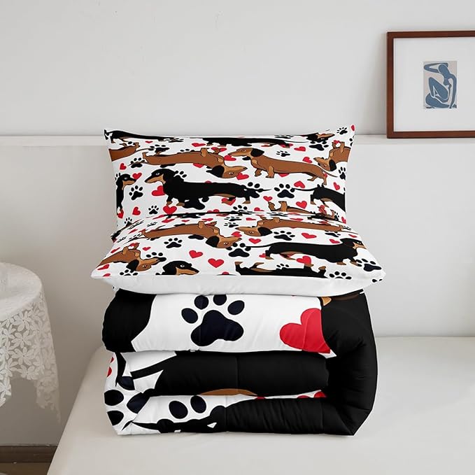 Feelyou Dachshund Bedding Set for Girls Boys Kids Sausage Dog Comforter Lovely Red Love Hearts Animal Paw Comforter Set Room Decor Cute Pet Dog Duvet Set Twin Size Bedspreads Coverlet Sets 2Pcs Boys